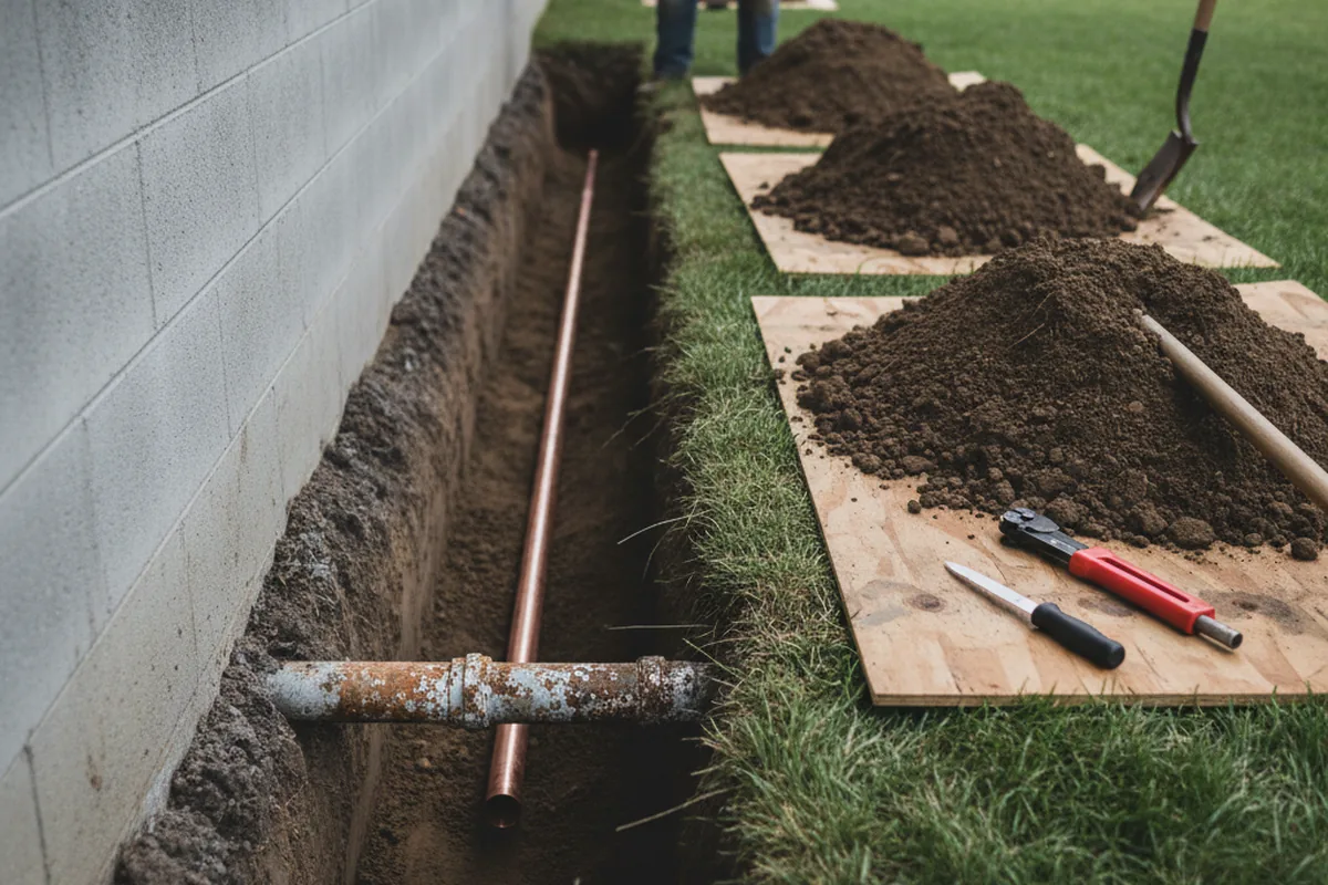 Excavated water line trench during Sewer Line Repair in Erwinville